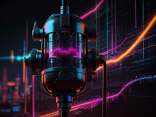 Podcast microphone colourful vibrant creative minimalist neon ambiance.