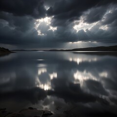 A lke a night with a reflective surface under a dramatic cloudy sky with rays of light breaking through