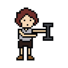 Obraz premium Cute pixel cartoon 8bit character man weight training with dumbbell lifestyle lifting gym decoration life style 8 bit male boy weight fitness isolated PNG vector.