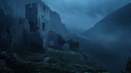 Mystic Nighttime Castle Ruin in the Mountains. accompanied by copy space. Generative AI