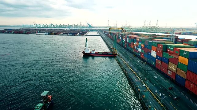 An expansive view of a bustling waterfront terminal teeming with activity as cargo vessels are loaded with containers. The scene is set against the backdrop of a sprawling cityscape