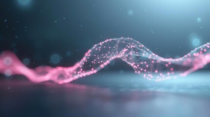 Abstract pink glowing particles forming a wave on a blue background.