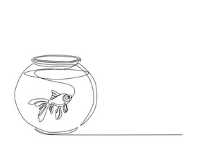 Continuous one line drawing of goldfish in the fishtank. Fish in single line vector illustration. Editable stroke.