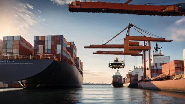 A crane lifts shipping container cargo ship at busy port, vital connections, operations within the maritime industry. The importance of transportation, logistics, and global trade