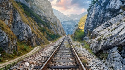 Fototapeta premium A scenic railway track through a mountain pass