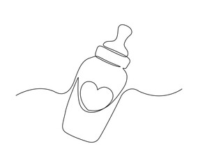 Continuous one line drawing of baby feeding bottle. Baby drink bottle with love outline vector illustration. Editable stroke.