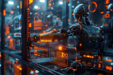 Futuristic Robot Interacting with High-Tech Digital Interface