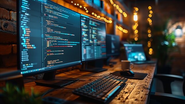 A programmer's desk featuring multiple monitors filled with colorful lines of code. The workspace is warmly lit by string lights, providing a cozy environment for software development.
