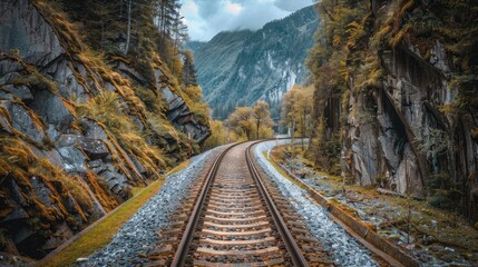Fototapeta premium A scenic railway track through a mountain pass