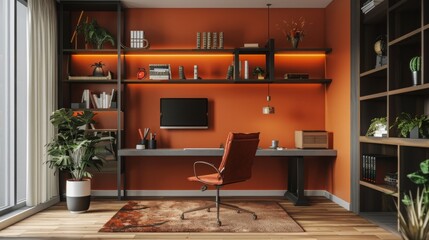 Obraz premium A modern home office with orange walls features a desk with a computer monitor, a comfortable chair, and a large plant. The room is decorated with bookshelves and a pendant light.