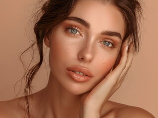 Obraz premium A close-up of a young woman's face with visible freckles, suitable for use in beauty or lifestyle images