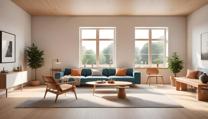 Fototapeta premium A living room in an edwardian house with a square bay window and chimney breast that has been converted into a bedroom. The walls are sunshine yellow and the bedsheets are teal