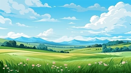 Obraz premium Summer field, hilly landscape, green grass, blue sky with clouds, mountainous terrain, flat style cartoon painting illustration