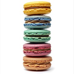 A stack of colorful macarons in various flavors, arranged in a tower, showcasing their vibrant hues and delicate textures