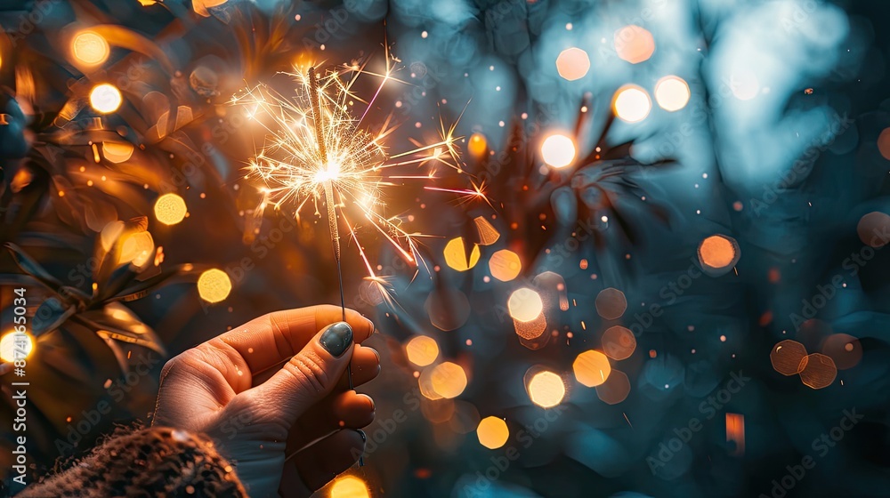 Poster close-up of a hand holding a lit sparkler with golden bokeh lights in the background, creating a fes