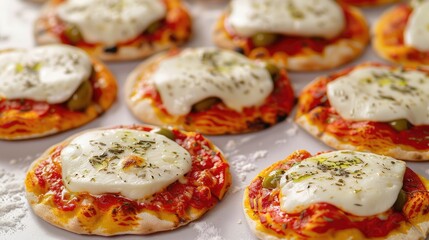 Multiple mini pizzas topped with cheese and olives, freshly baked and garnished with herbs, perfect...