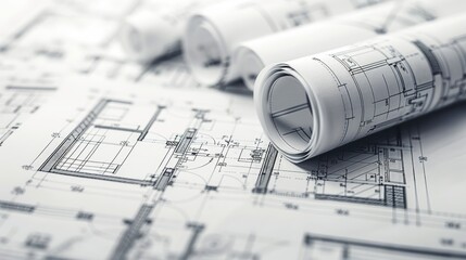 Rolled-up architectural blueprints on a table, showcasing detailed technical drawings and plans for construction and building projects