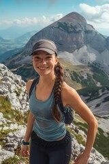 Naklejka premium A person stands at the summit of a mountain, wearing a backpack and looking out at the view