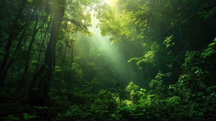 Obraz premium Jungle Landscape: Southeast Asian Rainforest with Deep Greenery and Tropical Trees