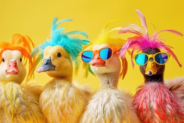 A group of ducks dressed in trendy sunglasses and feather accessories