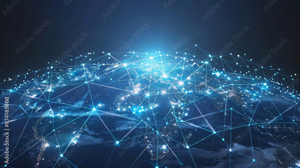 Poster a conceptual map grid illustrating the connection of planet earth through a global network design. t