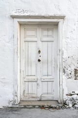 A white door opens onto a white building