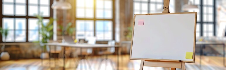 An office space with a flip chart and sticky notes, in a modern loft style, featuring large windows and wooden floor, a concept of a creative workplace. AI generated illustration