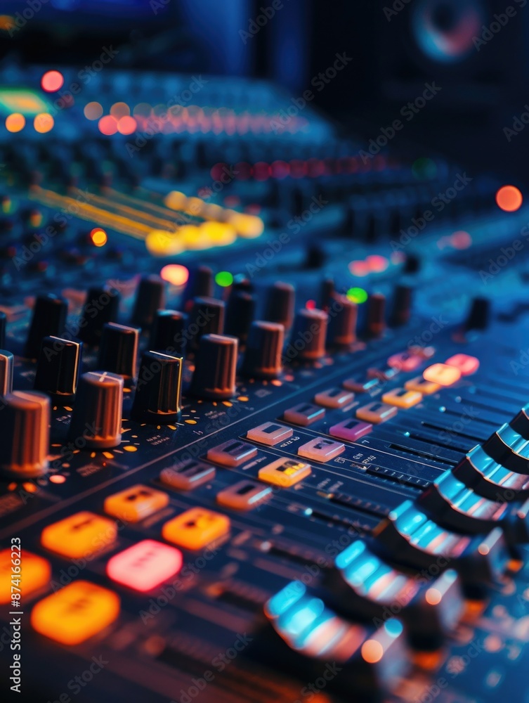 Poster a close-up view of a soundboard in a professional recording studio setting