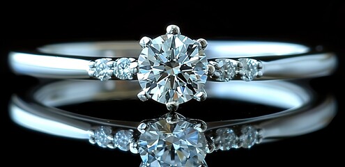 A silver ring with sparkling diamonds on a black background