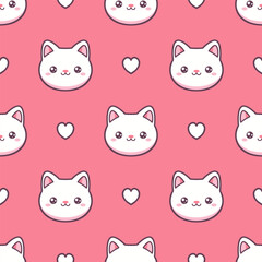 White kawaii cats and hearts on pink background. Vector seamless pattern. 