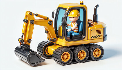 A Colorful 3D Caricature of a Construction Worker in Action with a Yellow Excavator, A Lively 3D Caricature of a Construction Worker on a Yellow Excavator