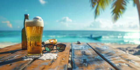 A glass of beer sitting on a wooden table, perfect for casual gatherings or barbecues