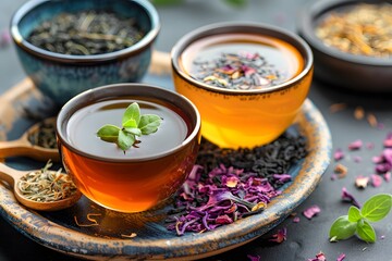 Assorted Herbal Teas with Fresh Herbs and Dried Flowers
