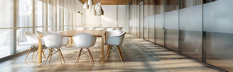 Side view of a white office with tall windows and rows of computer tables. A dark ceiling. 3d rendering mock up. AI generated illustration