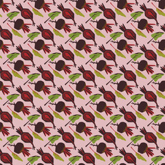 Seamless plant pattern. Ornament with beetroot and leaves. Vegetable harvest. Healthy food. Simplification of form. Vector