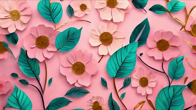 nature pattern background with folk art pink gold flowers and teal leaves paper cut.