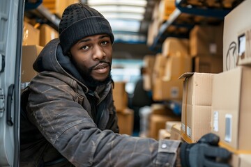 Delivery Worker Organizing Packages in a Van