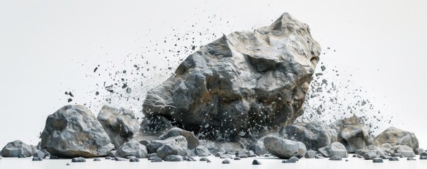 Debris flying through the air, large rock shattering, isolated on a white background.