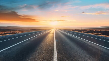 Naklejka premium An empty highway stretching into the horizon at sunset.