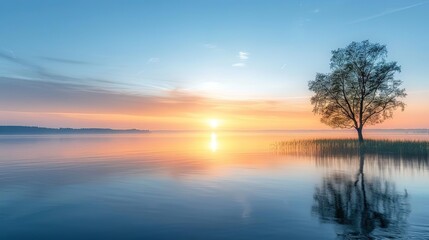 Fototapeta premium Solitary tree silhouetted against a vibrant sunrise over a calm lake.