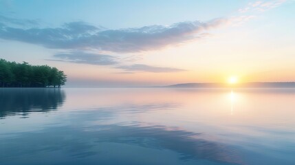 Serene sunrise over a calm lake with mist and reflections.
