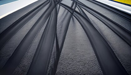 A closeup perspective of a dark curtain hanging on a wall, featuring shades of black and a monochromatic pattern design