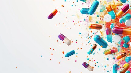 Colorful pharmaceutical capsules and pills on white background with space for text Healthcare concept