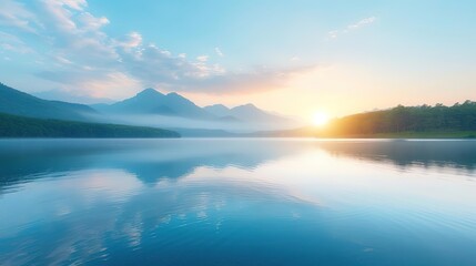 Fototapeta premium Serene sunrise over a mountain lake with mist and reflections.
