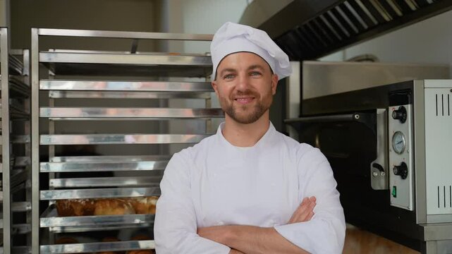 Portrait of a baker in bakery with bread and croissant