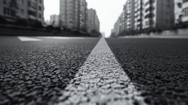 Fototapeta A black and white photo of a city street with pedestrians, cars, and buildings