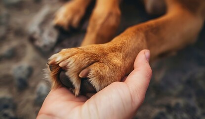 Human hand holding a dog's paw, showing friendship and affection between a pet owner and their animal