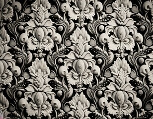 A black and white photo displaying a floral pattern adorning a wall, showcasing symmetry and elegance