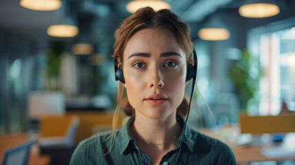 Obraz premium A woman sitting at her desk wearing a headset, possibly working remotely or on a phone call