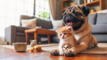 Fat, fluffy pug dog Become best friends with a fluffy kitten, an adorable companionship in the living room.